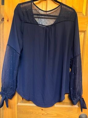 41 Hawthorn Navy Sheer Yoke & Tie-Cuff Blouse
